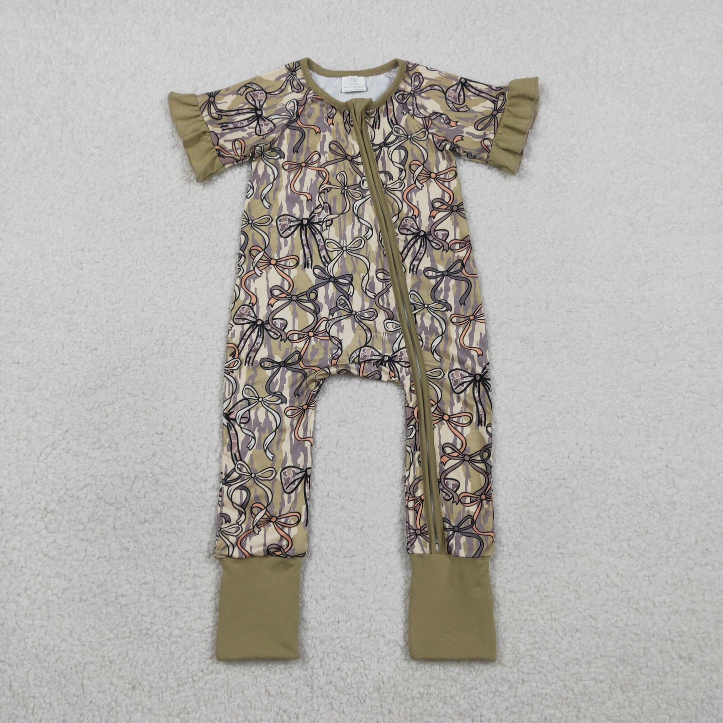 SR3931 Newborn Baby Girl Southern Olive Camo Bows Two Way Zipper Convertible Rompers