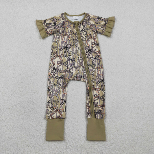 SR3931 Newborn Baby Girl Southern Olive Camo Bows Two Way Zipper Convertible Rompers