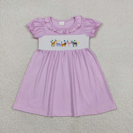 GSD3578 Kids Smocked Animals Baby Girls Pink Short Ruffle Sleeve Knee Length Dresses