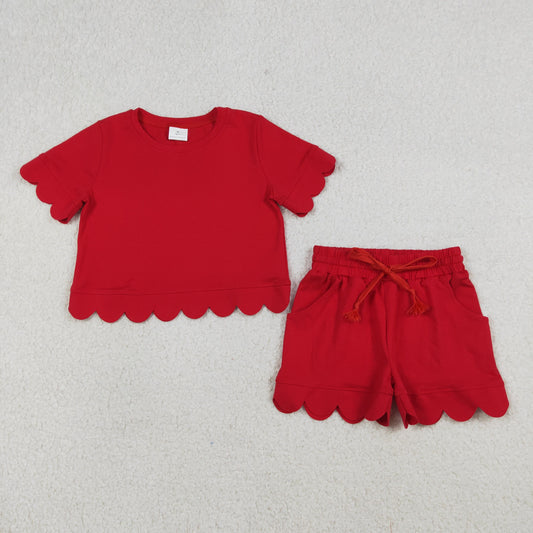 GSSO3177 Kids Baby Girl Short Sleeve Red Shirts Top Scallop Shorts Clothes Sets