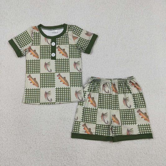 BSSO1817 Kids Baby Boys Olive Checked Fishing Button Top Shorts Hunting Pajamas Sets