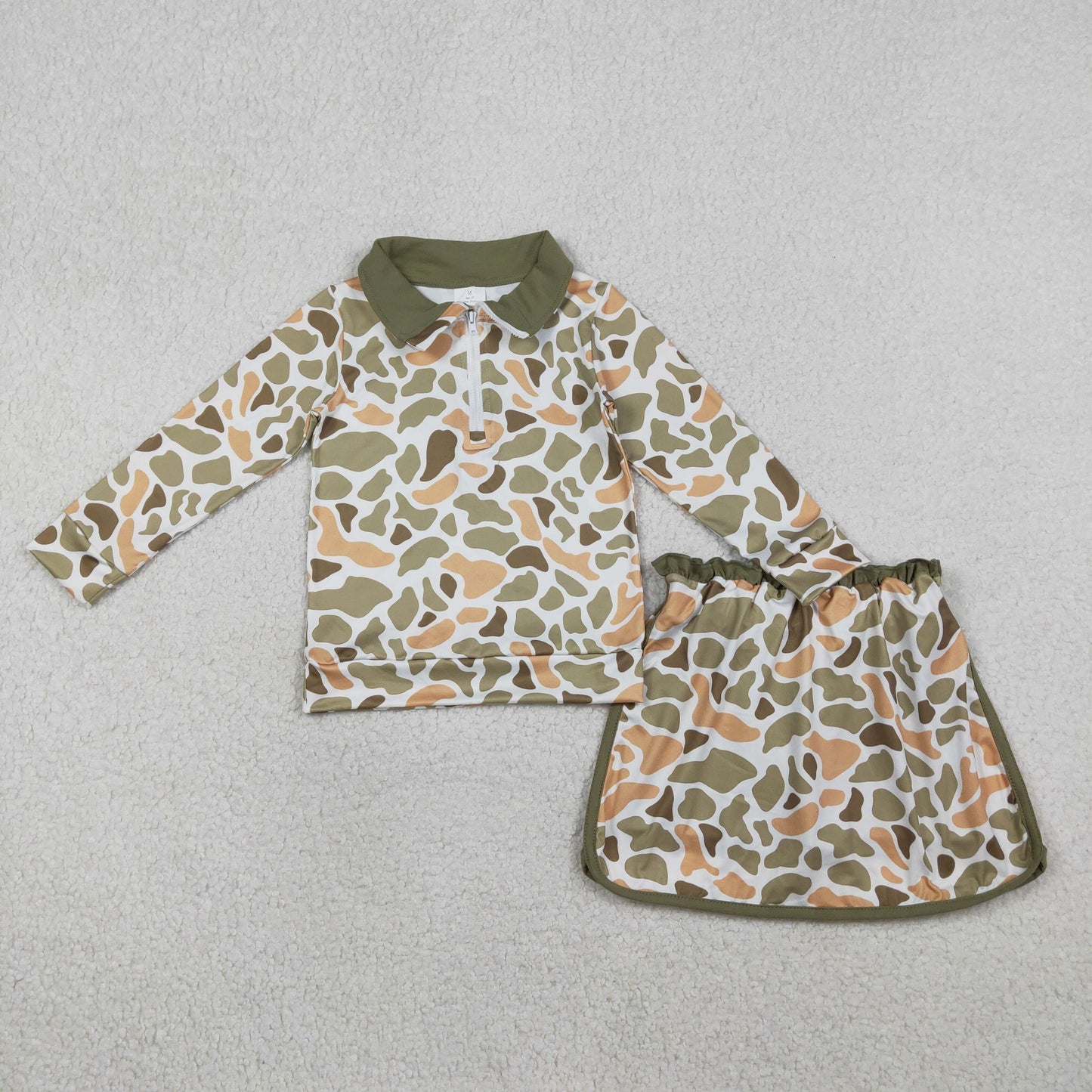 RTS NO MOQ（In Stock) GLD1545 Orange-green camouflage zip-up long-sleeved skirt set