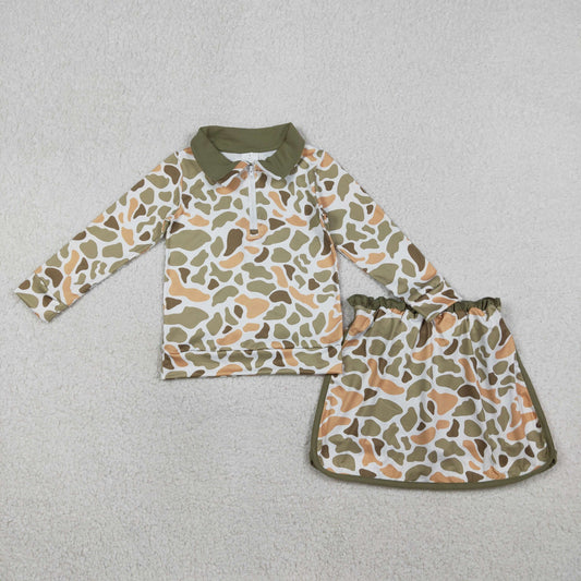RTS NO MOQ（In Stock) GLD1545 Orange-green camouflage zip-up long-sleeved skirt set