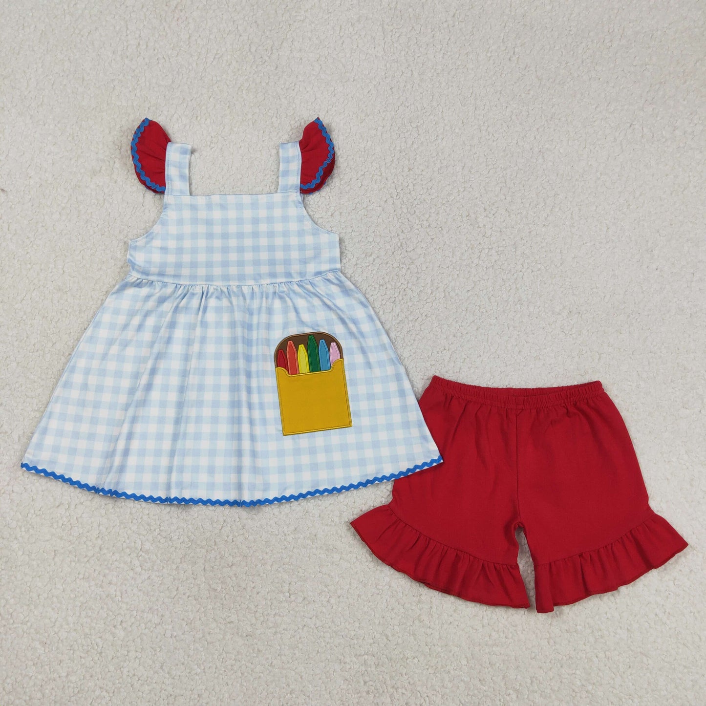 GSSO3101 Embroidery Pencils Baby Girl Checked Tunic Tops Ruffle Shorts Back to School Sets