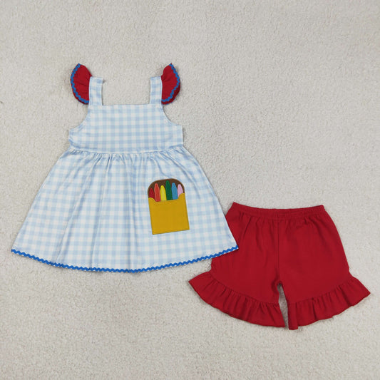 GSSO3101 Embroidery Pencils Baby Girl Checked Tunic Tops Ruffle Shorts Back to School Sets