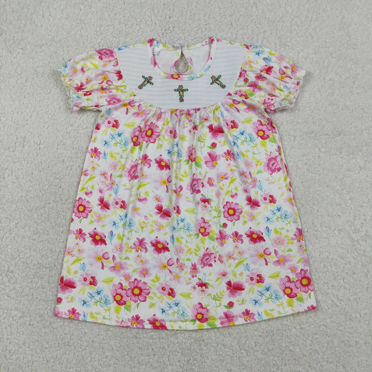 GSD3314 Kids Smocked Floral Crosses Baby Girls Easter Flowers Knee Length Dresses