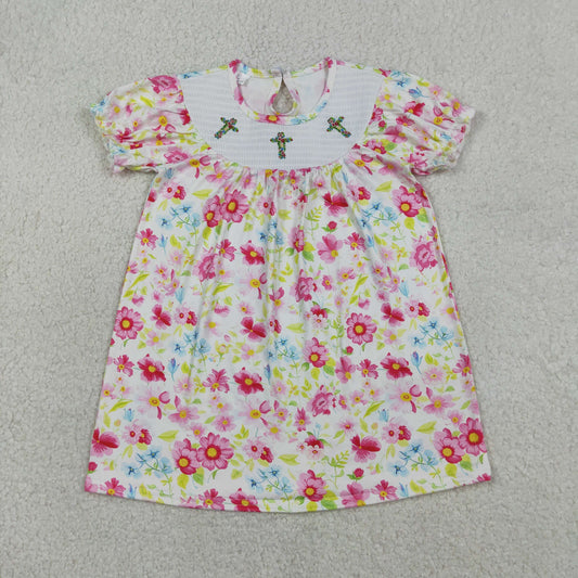 GSD3314 Kids Smocked Floral Crosses Baby Girls Easter Flowers Knee Length Dresses