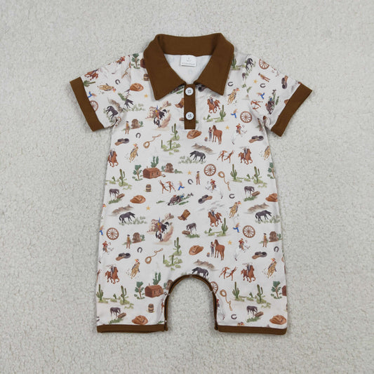 SR3882 Newborn Baby Boy Button Horse Rodeos Cactus Western Short Rompers