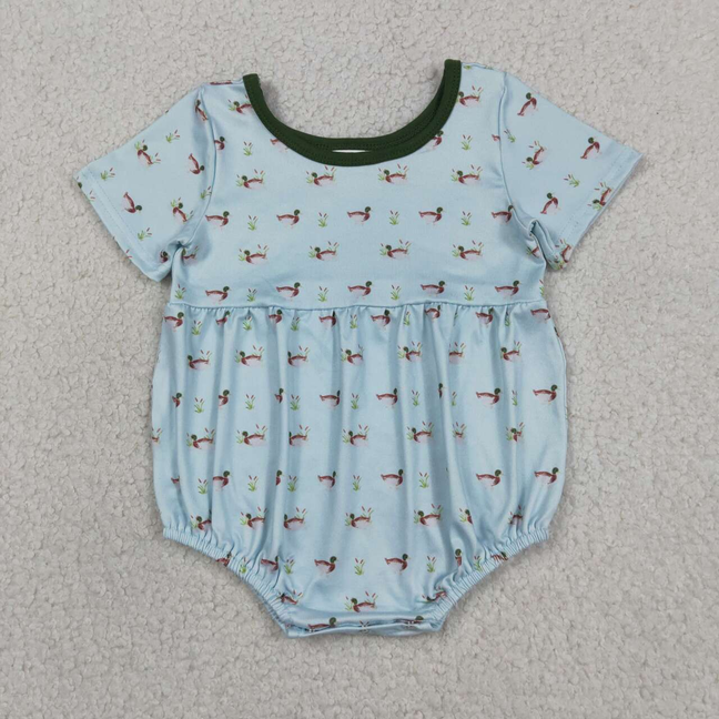 SR3999 Newborn Baby Boys Short Sleeve Ducks Plaid Hunting Rompers