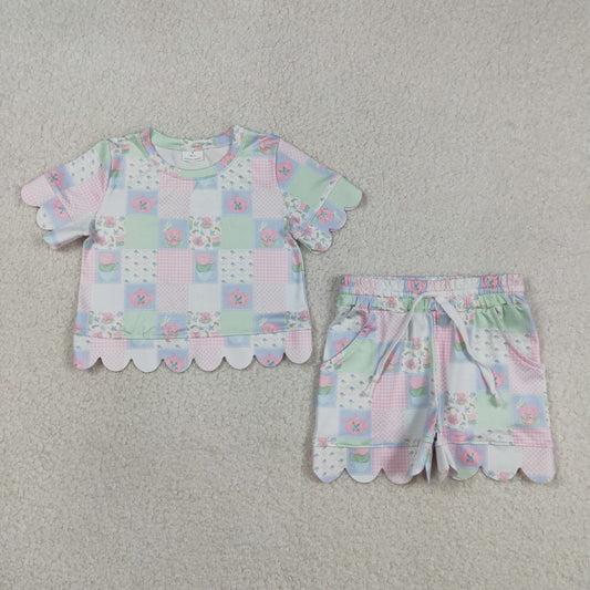 GSSO3229 Kids Baby Girl Colorful Flowers Checked Top Scallop Shorts Clothes Sets