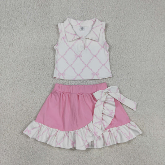 GSD3479 Kids Baby Girls Pink Bows Checked Button Top Ruffle Skirt Shorts Yoga Clothes Sets