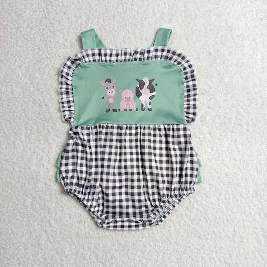 SR3866 Newborn Baby Girls Strap Farm Checked Ruffle Rompers