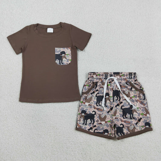 RTS NO MOQ(In Stock) BSSO1849 Puppy and Duck Blue Camouflage Pocket Brown Short-Sleeve and Shorts Set