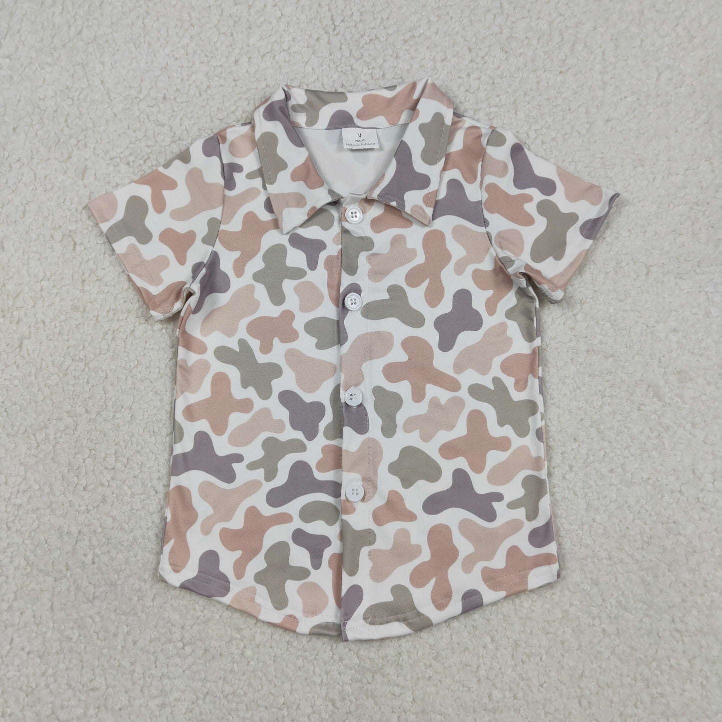 RTS NO MOQ（In Stock) BT1564 Gray Brown Green Camouflage White Button Short-Sleeve Top