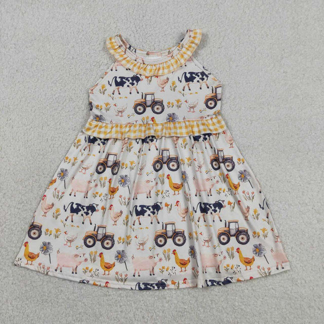 GSD3476 Kids Baby Girls Sleeveless Cows Trucks Farm Knee Length Dresses