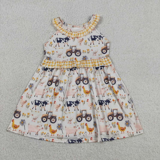GSD3476 Kids Baby Girls Sleeveless Cows Trucks Farm Knee Length Dresses