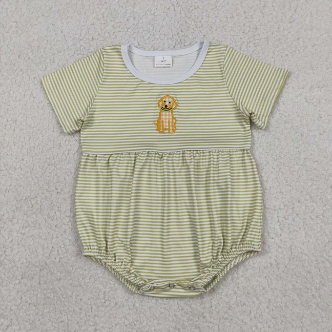 SR4140 Newborn Embroidery Dogs Baby Boys Short Sleeve Stripe Hunting Rompers