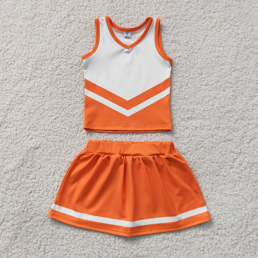 GSD4199 Kids Baby Girls Orange White Stripe Vest Skirt Shorts Team Yoga Active Clothes Sets