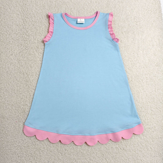 GSD4048 Kids Baby Girls Pink Blue Sleeveless Scallop Knee Length Dresses