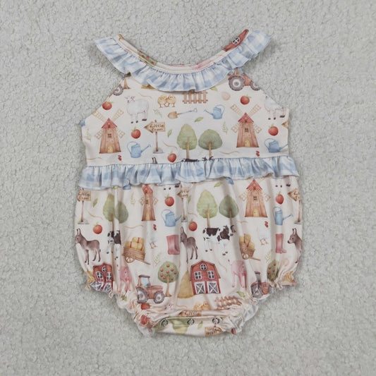 SR3852 Newborn Baby Girls Sleeveless Pigs Cows Farm Ruffle Rompers