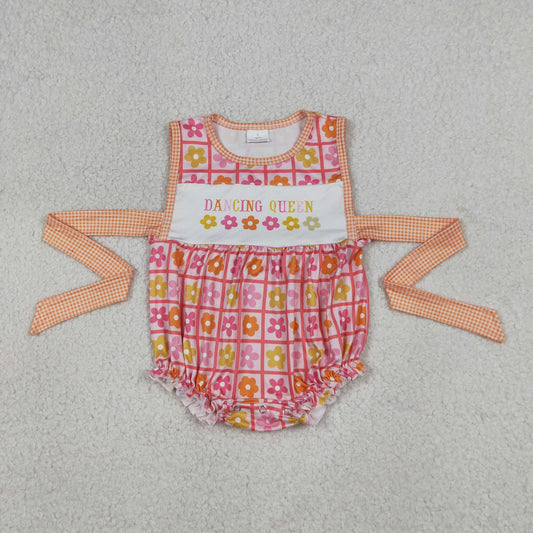 SR4018 Newborn Baby Girls Flowers Checked Dancing Queen Print Ruffle Belt Rompers