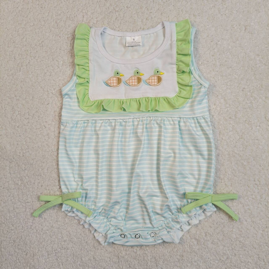 SR4082 Newborn Embroidery Ducks Baby Girls Sleeveless Stripe Hunting Ruffle Rompers