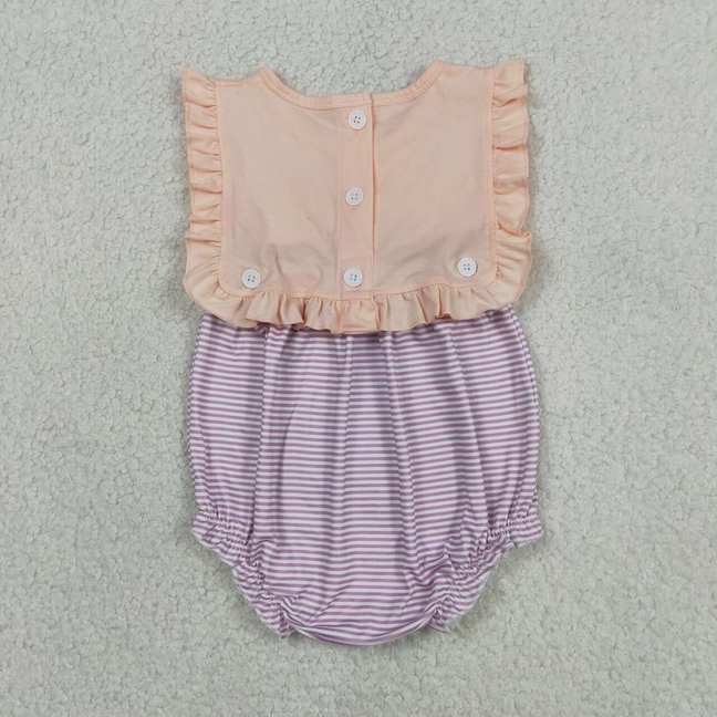 SR3941 Newborn Baby Girls Sleeveless Lavender Stripe Back Button Two Pieces Ruffle Rompers