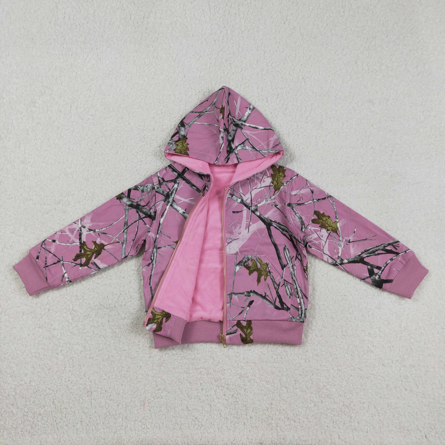 GT1591 Kids Baby Girl Pink Southern Leaves Camo Zip Pockets Hoodie Jackets Top