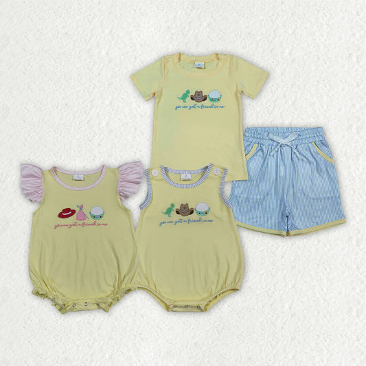 Baby Kids Clothing Sibling Embroidery Got a Friend Top Pockets Short Clothes Set Rompers