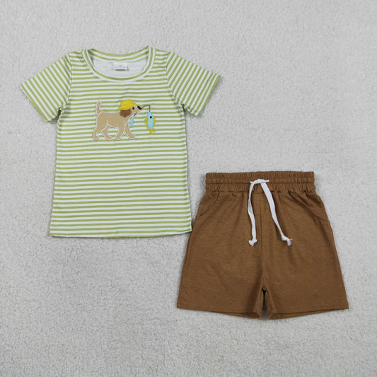 RTS NO MOQ(In Stock) BSSO1768 Embroidered Fishing Puppy Green Striped Short-Sleeve Set with Brown Shorts