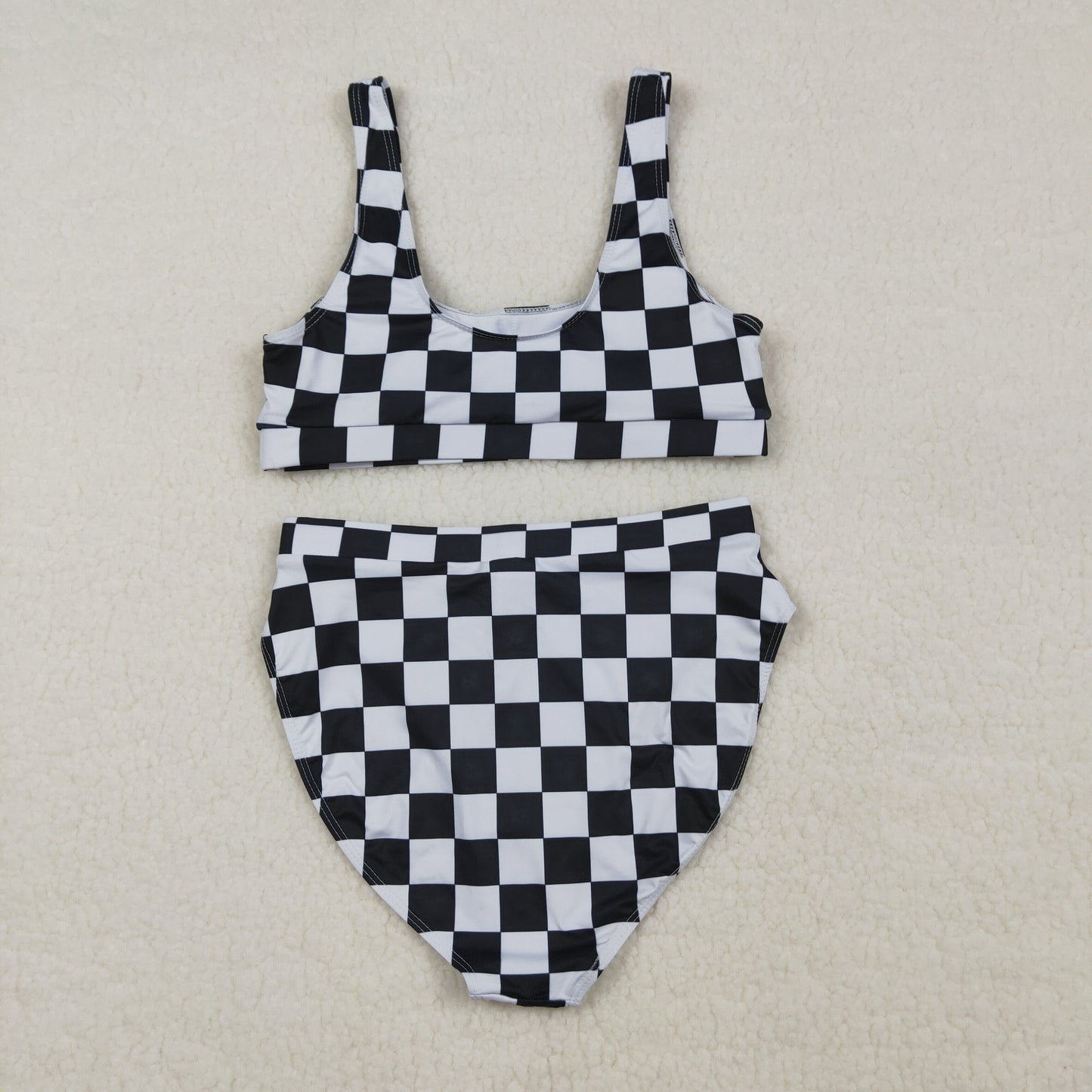 S0738 Adult Women Black Checkered Bra Top Bummies Bottom Swimsuits Sets