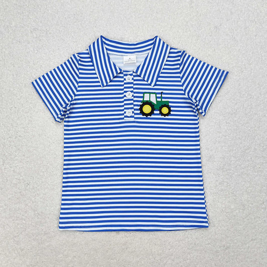 BT0689 Kids Baby Boys Stripes Tractor Short Sleeve Buttons Tee Shirts Tops