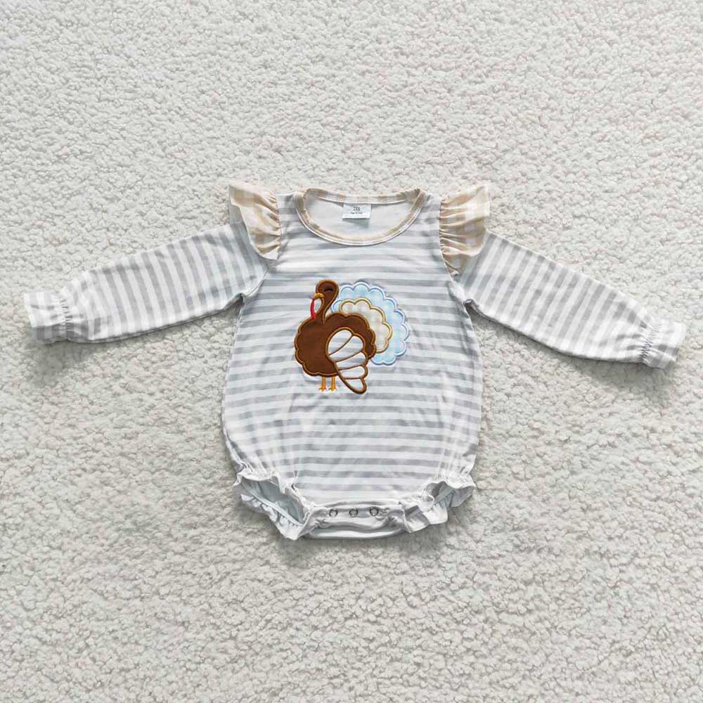 SR3550 Newborn Baby Girls Grey Stripe Thanksgiving Turkey Rompers