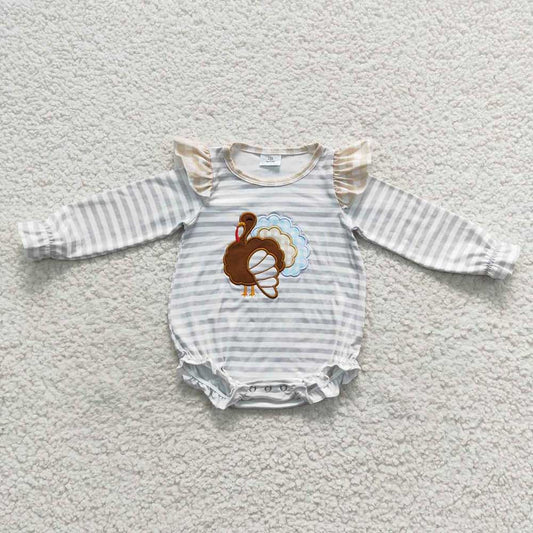 SR3550 Newborn Baby Girls Grey Stripe Thanksgiving Turkey Rompers