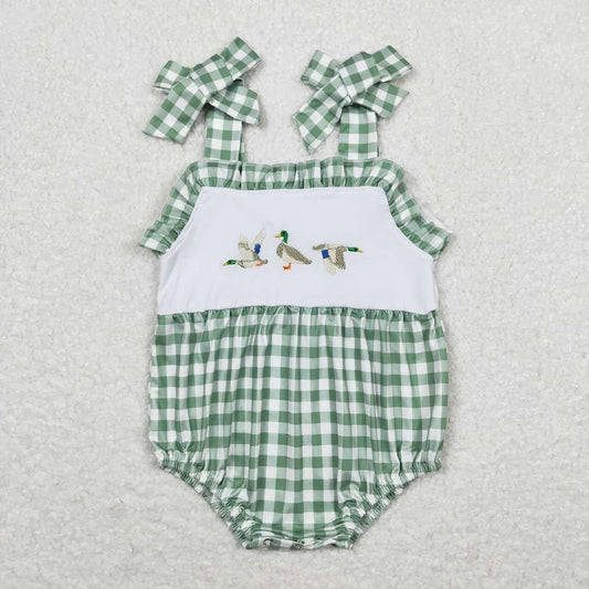 SR1065 Newborn Baby Infant Girls Green Checkered Duck Straps Rompers