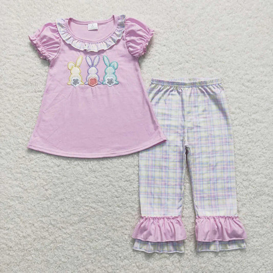 GSPO0977 Kids Baby Girls Easter Three Rabbits Tunic Ruffle Pants Clothing Sets