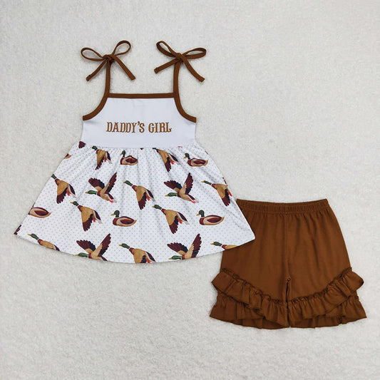 GSSO0807 Kids Baby Girls Daddy's Girl Duck Straps Tunic Top Ruffle Shorts Clothes Sets