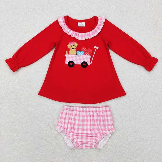 GBO0191 Newborn Baby Girls Valentines Dog Tractor Top Bummie Sets