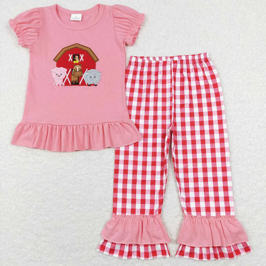 GSPO0994 Kids Baby Girls Pink Farm Short Sleeve Tee Shirt Ruffle Pants Clothing Sets