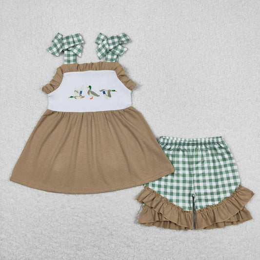 GSSO0653 Kids Baby Girls Ducks Tunic Green Checkered Shorts Outfits Clothes Sets