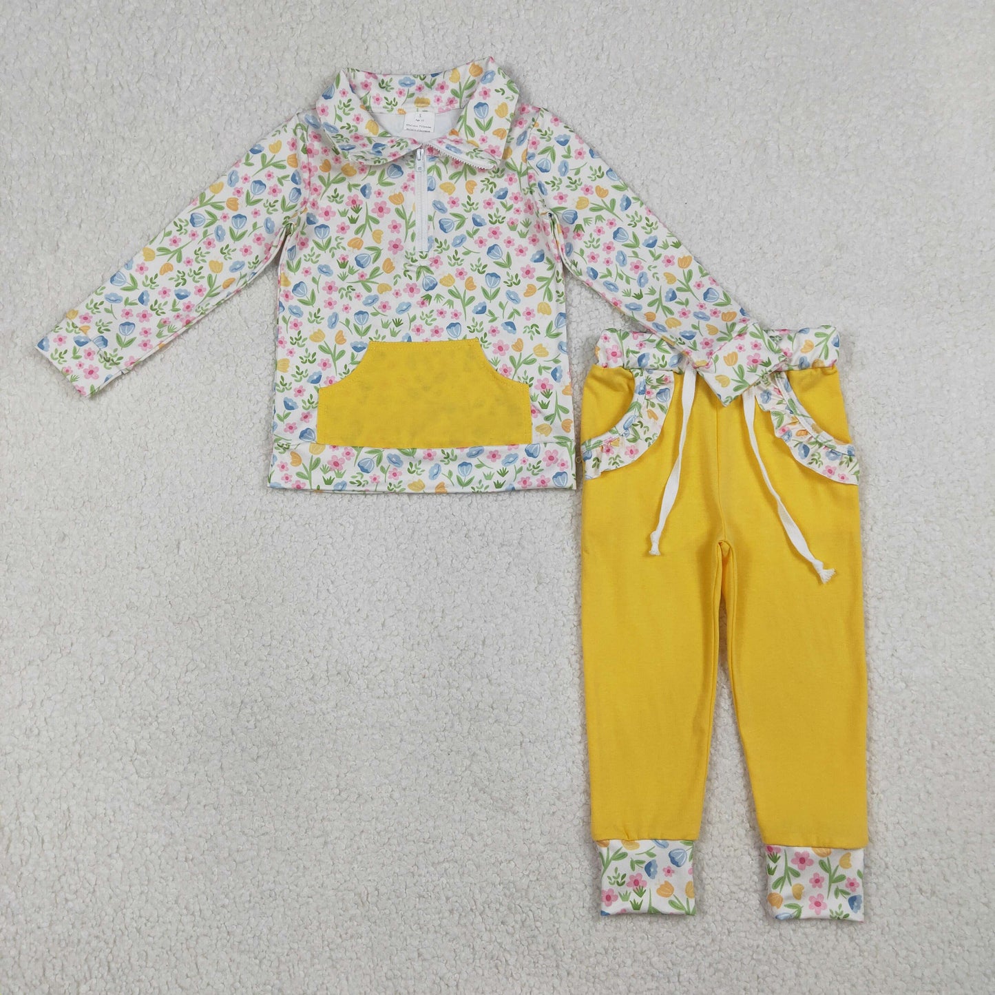 RTS NO MOQ（In Stock) GLP3280 Colorful Flower and Leaf Yellow Pocket Zipper Long-Sleeve and Pants Set