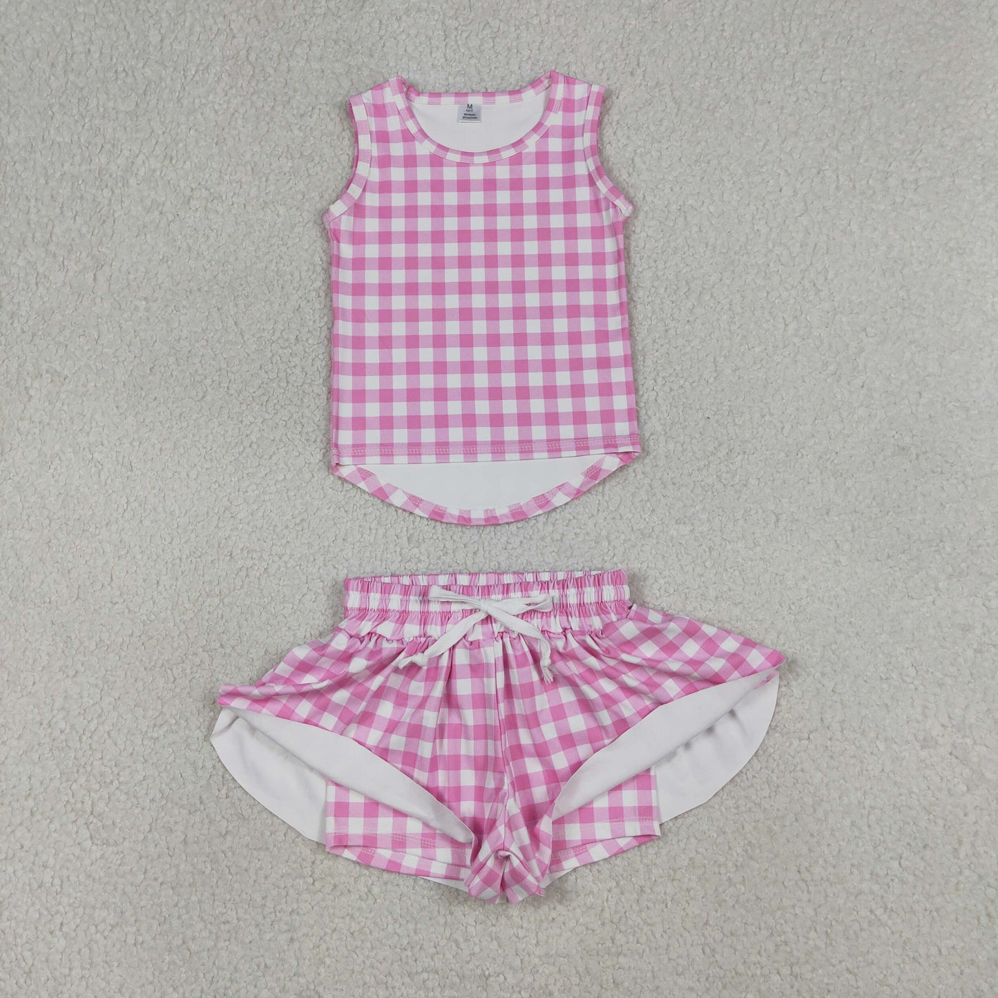 GSSO3478 Kids Baby Girls Pink Checked Vests Top Butterfly Short Yoga Active Clothes Set
