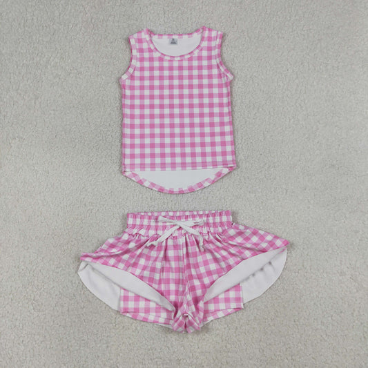 GSSO3478 Kids Baby Girls Pink Checked Vests Top Butterfly Short Yoga Active Clothes Set