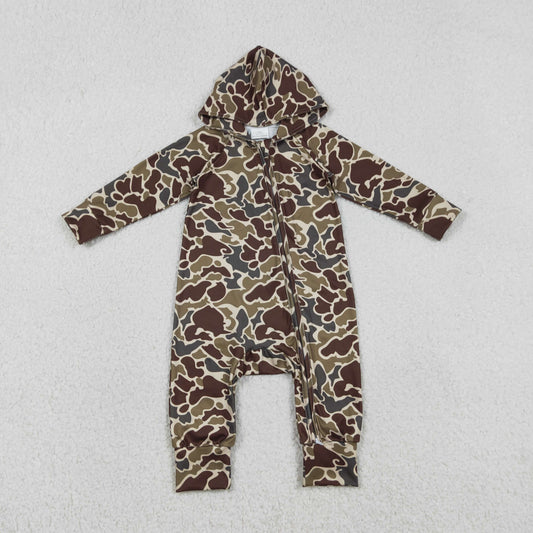 RTS NO MOQ(In Stock) LR2826 Camouflage Brown-Green Hooded Zipper Long-Sleeved Jumpsuit