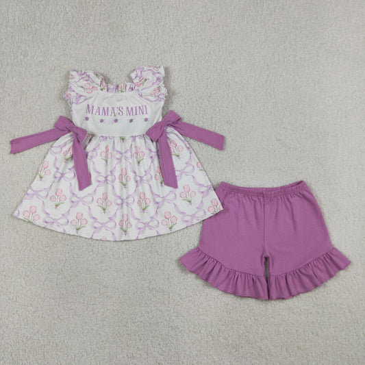 GSSO2489 Kids Baby Girls Mama's Mini Bows Flowers Checked Tunic Ruffle Short Clothes Set