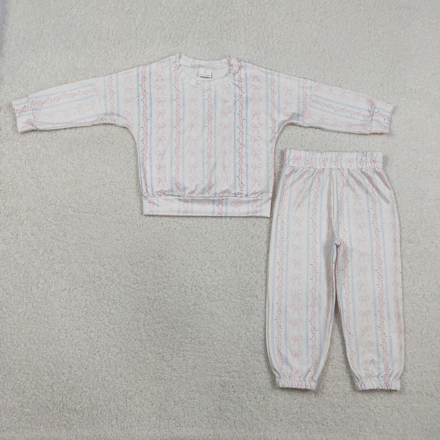 GLP3238 Kids Baby Girl Bows Flowers Stripe Top Jogger Pants Pajamas Clothes Sets