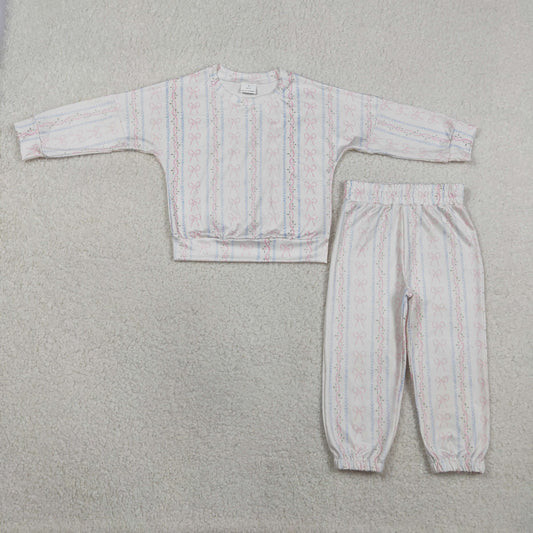 GLP3238 Kids Baby Girl Bows Flowers Stripe Top Jogger Pants Pajamas Clothes Sets