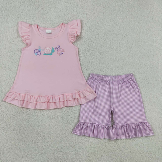 GSSO3305 Kids Embroidery Ladybirds Snails Baby Girls Tunic Ruffle Shorts Clothes Sets