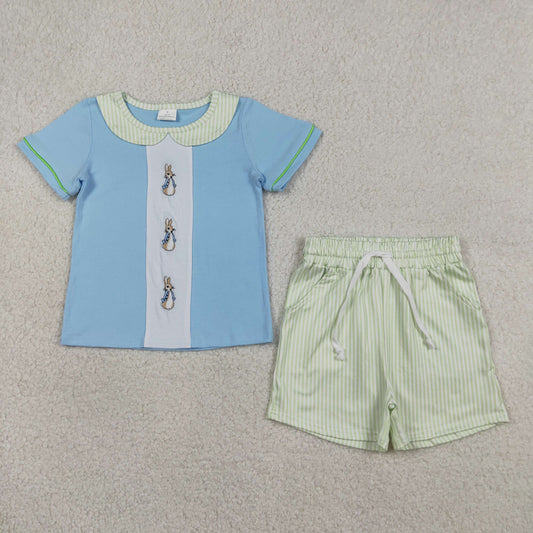BSSO1564 Kids Embroidery Rabbits Baby Boy Collar Top Stripe Pockets Shorts Easter Clothes Sets