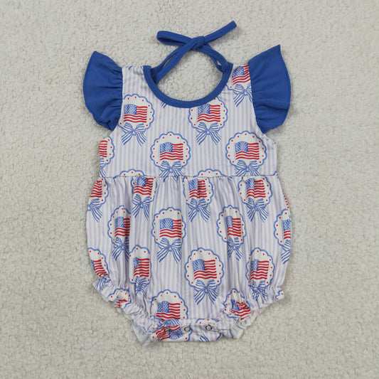 SR4029 Newborn Baby Girls Flutter Sleeve Stripe Bows Flags 4th of July Ruffle Rompers